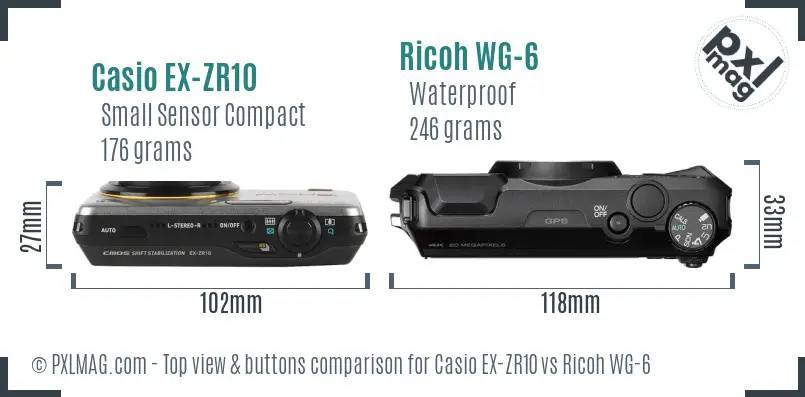 Casio EX-ZR10 vs Ricoh WG-6 top view buttons comparison Casio EX-ZR10 vs Ricoh WG-6 top view buttons comparison