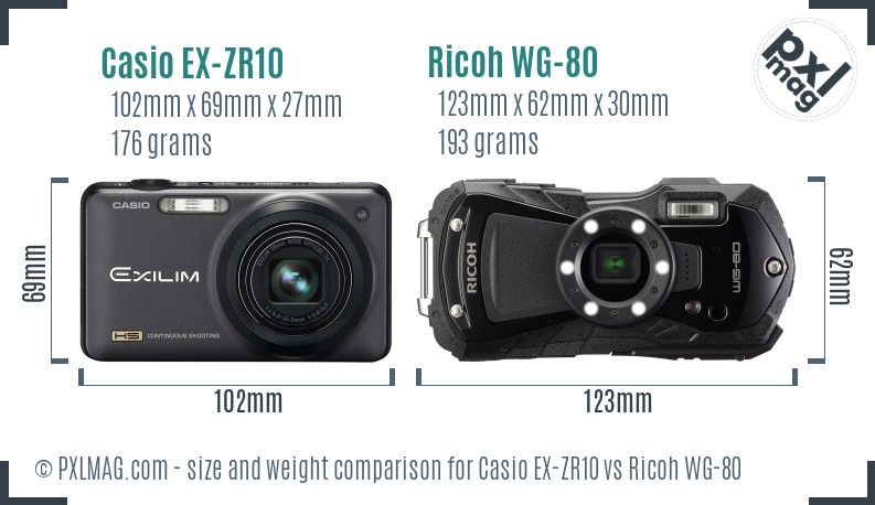 Casio EX-ZR10 vs Ricoh WG-80 size comparison