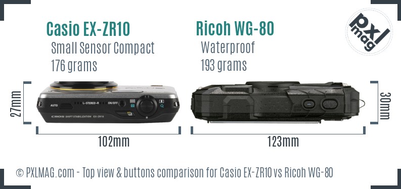 Casio EX-ZR10 vs Ricoh WG-80 top view buttons comparison
