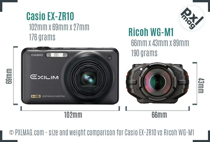 Casio EX-ZR10 vs Ricoh WG-M1 size comparison