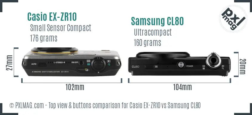Casio EX-ZR10 vs Samsung CL80 top view buttons comparison Casio EX-ZR10 vs Samsung CL80 top view buttons comparison