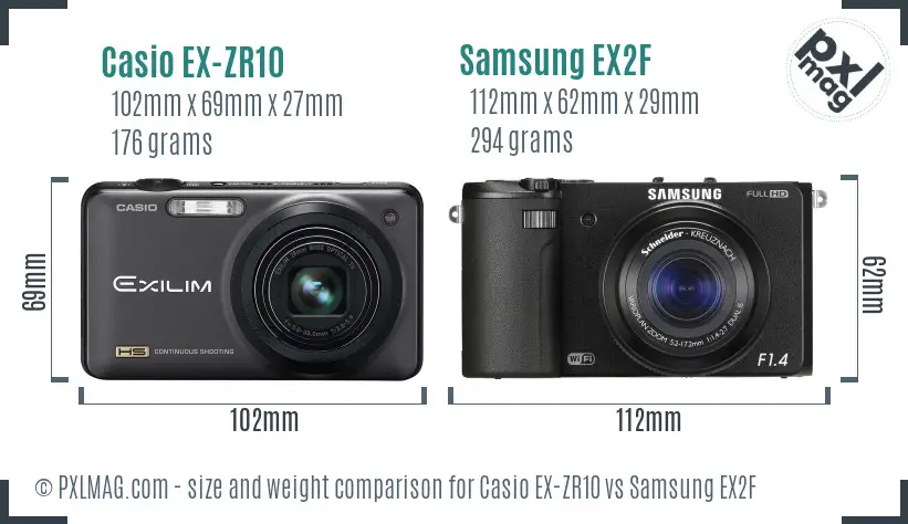 Casio EX-ZR10 vs Samsung EX2F size comparison