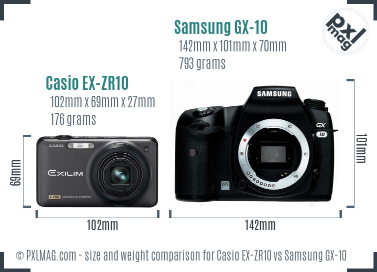 Casio EX-ZR10 vs Samsung GX-10 size comparison Casio EX-ZR10 vs Samsung GX-10 size comparison
