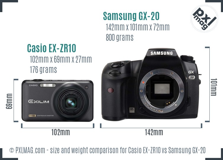 Casio EX-ZR10 vs Samsung GX-20 size comparison Casio EX-ZR10 vs Samsung GX-20 size comparison