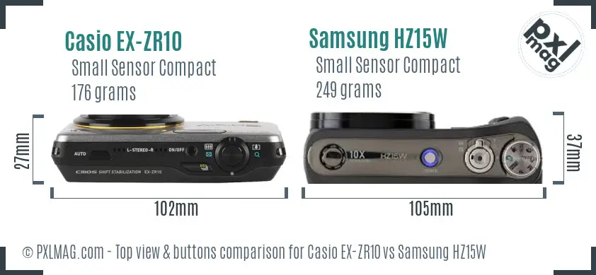 Casio EX-ZR10 vs Samsung HZ15W top view buttons comparison Casio EX-ZR10 vs Samsung HZ15W top view buttons comparison