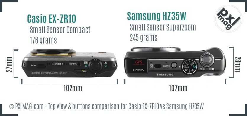 Casio EX-ZR10 vs Samsung HZ35W top view buttons comparison Casio EX-ZR10 vs Samsung HZ35W top view buttons comparison