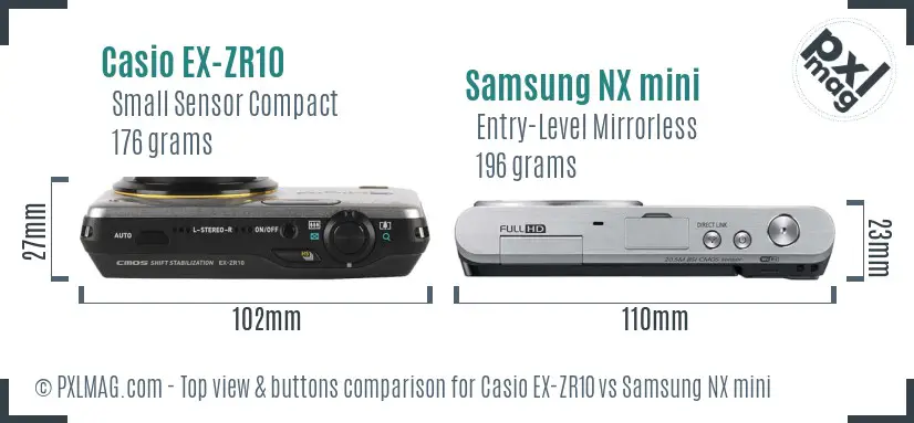 Casio EX-ZR10 vs Samsung NX mini top view buttons comparison Casio EX-ZR10 vs Samsung NX mini top view buttons comparison
