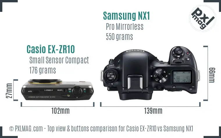 Casio EX-ZR10 vs Samsung NX1 top view buttons comparison Casio EX-ZR10 vs Samsung NX1 top view buttons comparison