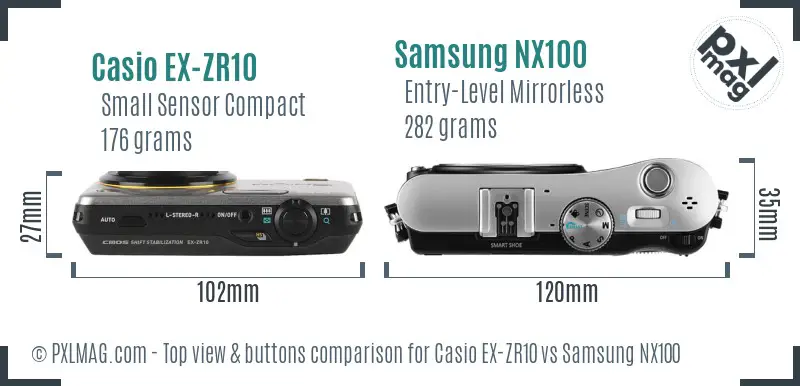 Casio EX-ZR10 vs Samsung NX100 top view buttons comparison