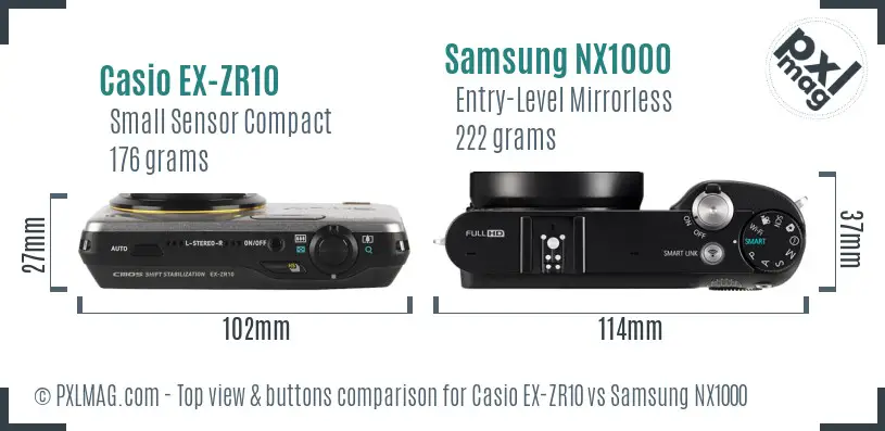 Casio EX-ZR10 vs Samsung NX1000 top view buttons comparison