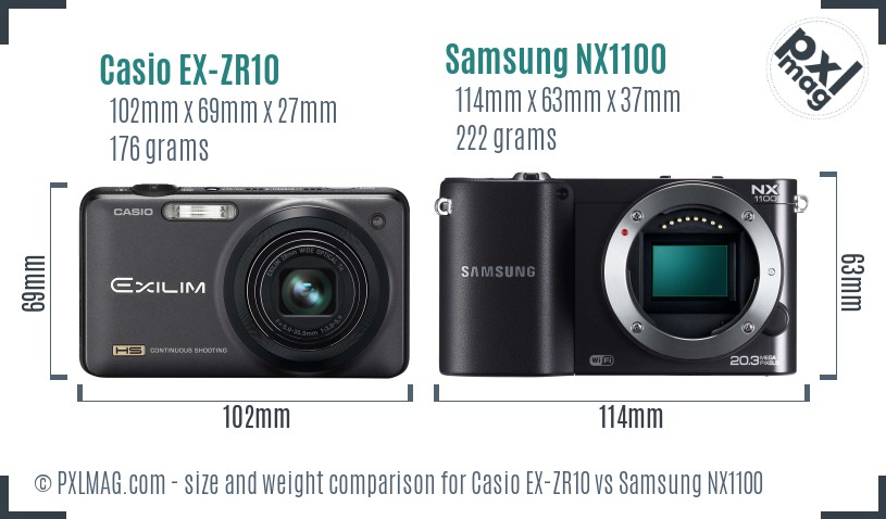 Casio EX-ZR10 vs Samsung NX1100 size comparison