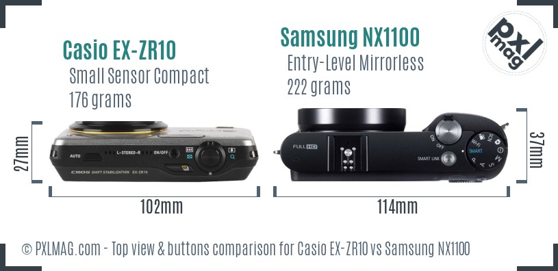 Casio EX-ZR10 vs Samsung NX1100 top view buttons comparison