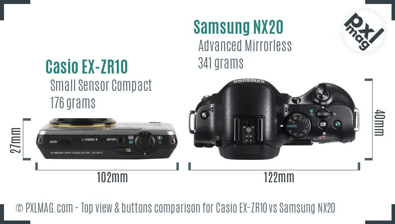 Casio EX-ZR10 vs Samsung NX20 top view buttons comparison Casio EX-ZR10 vs Samsung NX20 top view buttons comparison