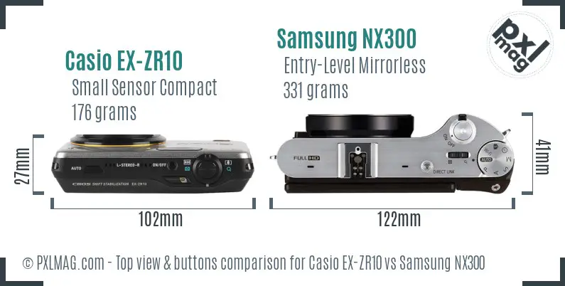 Casio EX-ZR10 vs Samsung NX300 top view buttons comparison Casio EX-ZR10 vs Samsung NX300 top view buttons comparison