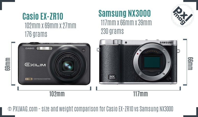 Casio EX-ZR10 vs Samsung NX3000 size comparison Casio EX-ZR10 vs Samsung NX3000 size comparison