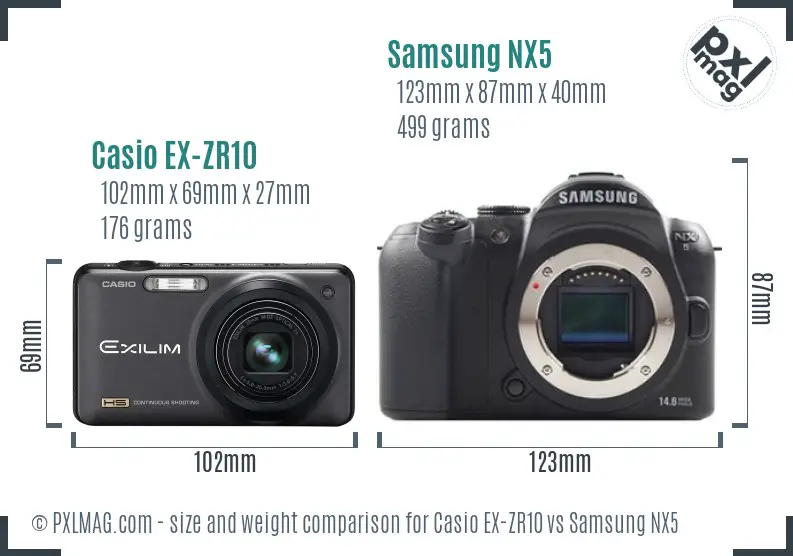 Casio EX-ZR10 vs Samsung NX5 size comparison