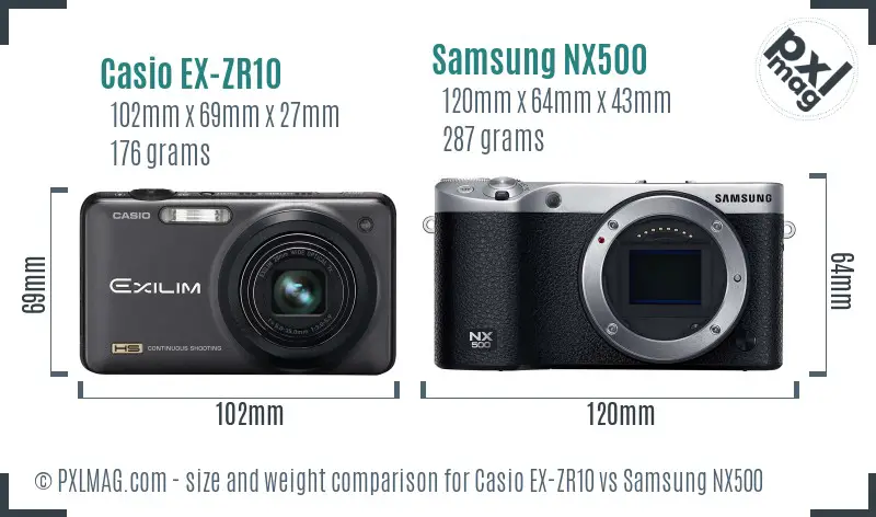 Casio EX-ZR10 vs Samsung NX500 size comparison Casio EX-ZR10 vs Samsung NX500 size comparison