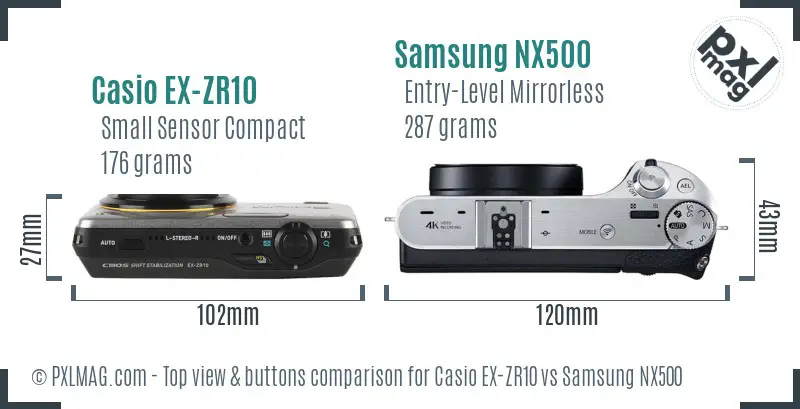 Casio EX-ZR10 vs Samsung NX500 top view buttons comparison Casio EX-ZR10 vs Samsung NX500 top view buttons comparison