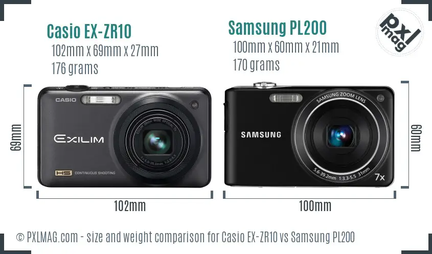 Casio EX-ZR10 vs Samsung PL200 size comparison