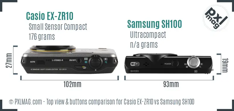 Casio EX-ZR10 vs Samsung SH100 top view buttons comparison Casio EX-ZR10 vs Samsung SH100 top view buttons comparison