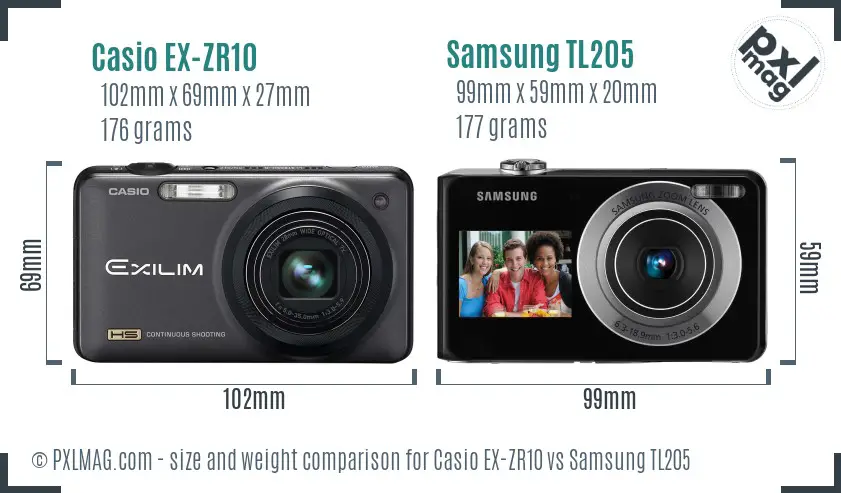 Casio EX-ZR10 vs Samsung TL205 size comparison