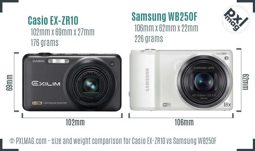 Casio EX-ZR10 vs Samsung WB250F size comparison