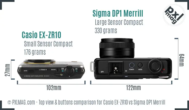 Casio EX-ZR10 vs Sigma DP1 Merrill top view buttons comparison Casio EX-ZR10 vs Sigma DP1 Merrill top view buttons comparison