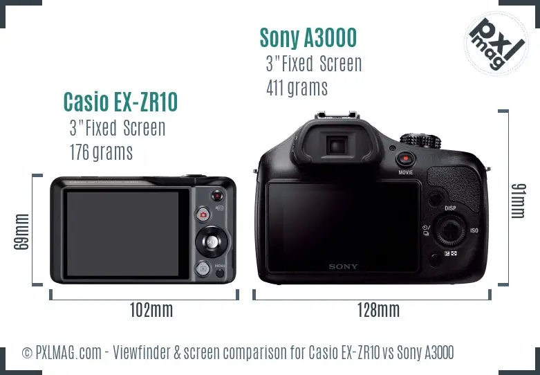 Casio EX-ZR10 vs Sony A3000 Screen and Viewfinder comparison