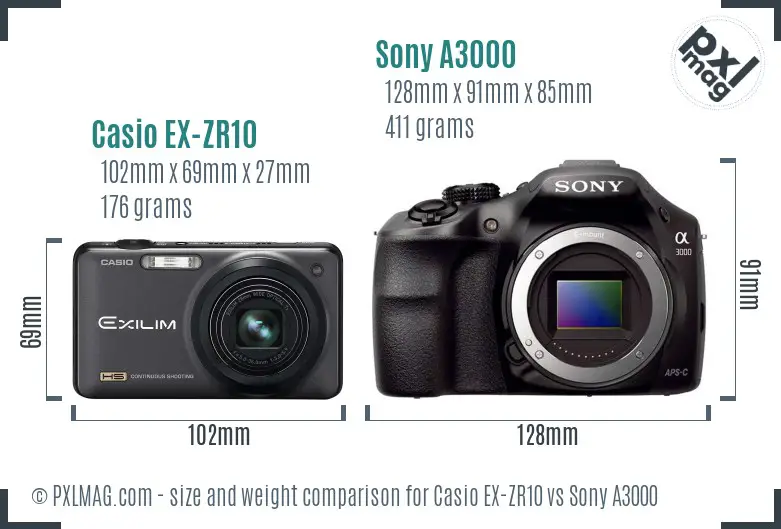 Casio EX-ZR10 vs Sony A3000 size comparison