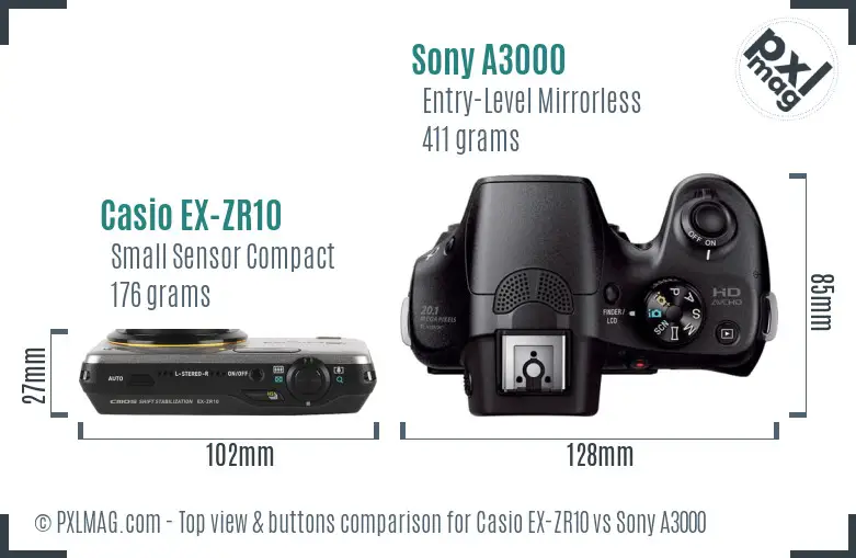 Casio EX-ZR10 vs Sony A3000 top view buttons comparison
