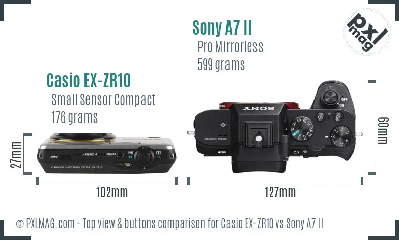 Casio EX-ZR10 vs Sony A7 II top view buttons comparison