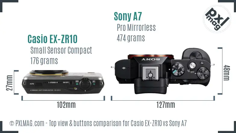 Casio EX-ZR10 vs Sony A7 top view buttons comparison