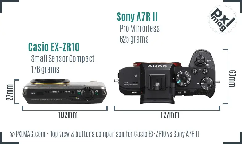 Casio EX-ZR10 vs Sony A7R II top view buttons comparison