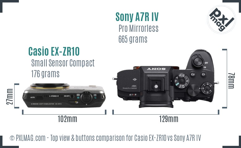 Casio EX-ZR10 vs Sony A7R IV top view buttons comparison