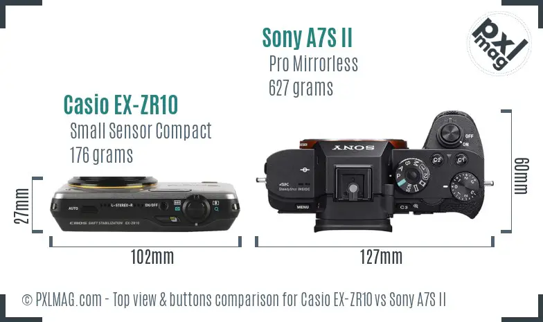 Casio EX-ZR10 vs Sony A7S II top view buttons comparison