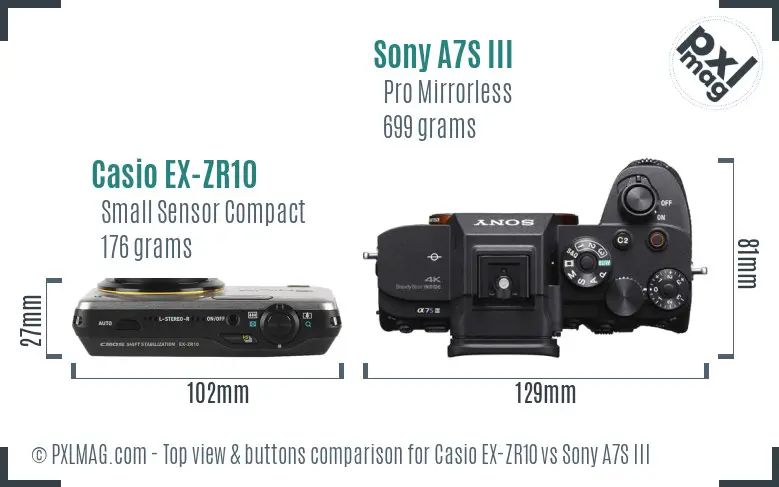 Casio EX-ZR10 vs Sony A7S III top view buttons comparison