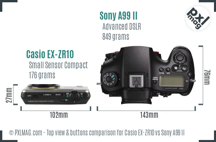 Casio EX-ZR10 vs Sony A99 II top view buttons comparison
