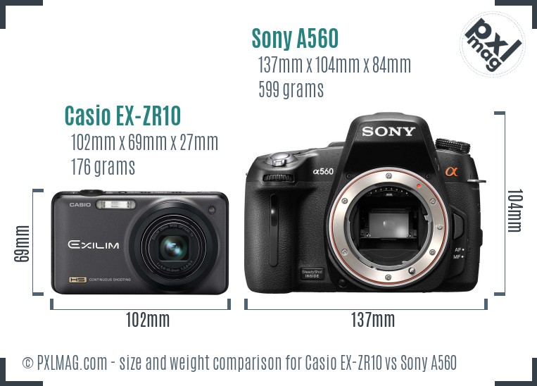 Casio EX-ZR10 vs Sony A560 size comparison
