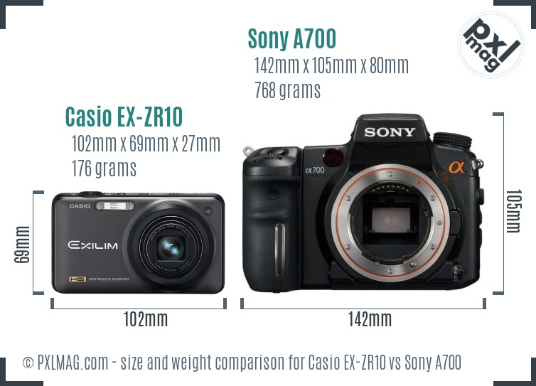 Casio EX-ZR10 vs Sony A700 size comparison