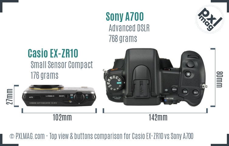Casio EX-ZR10 vs Sony A700 top view buttons comparison