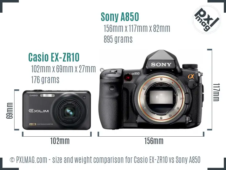 Casio EX-ZR10 vs Sony A850 size comparison