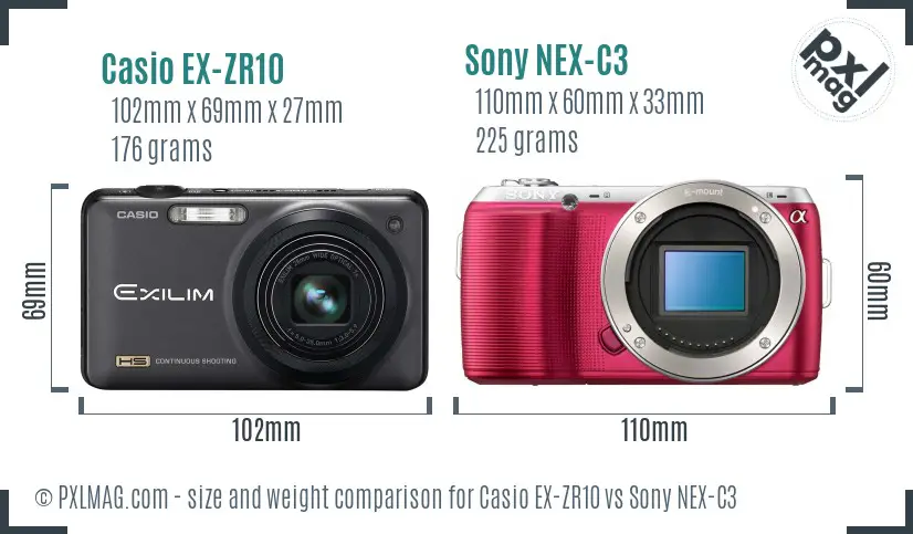 Casio EX-ZR10 vs Sony NEX-C3 size comparison