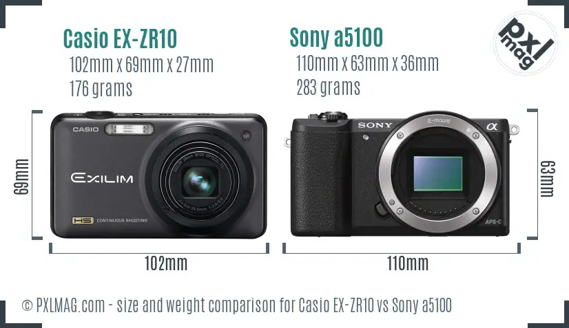 Casio EX-ZR10 vs Sony a5100 size comparison