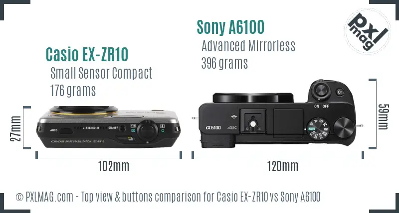Casio EX-ZR10 vs Sony A6100 top view buttons comparison Casio EX-ZR10 vs Sony A6100 top view buttons comparison