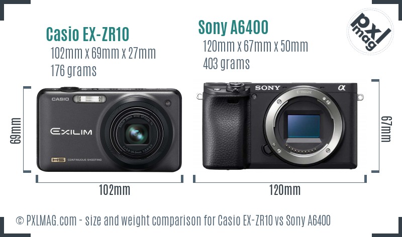 Casio EX-ZR10 vs Sony A6400 size comparison