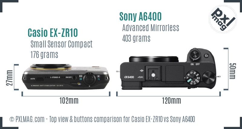 Casio EX-ZR10 vs Sony A6400 top view buttons comparison