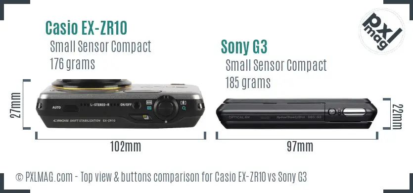 Casio EX-ZR10 vs Sony G3 top view buttons comparison Casio EX-ZR10 vs Sony G3 top view buttons comparison