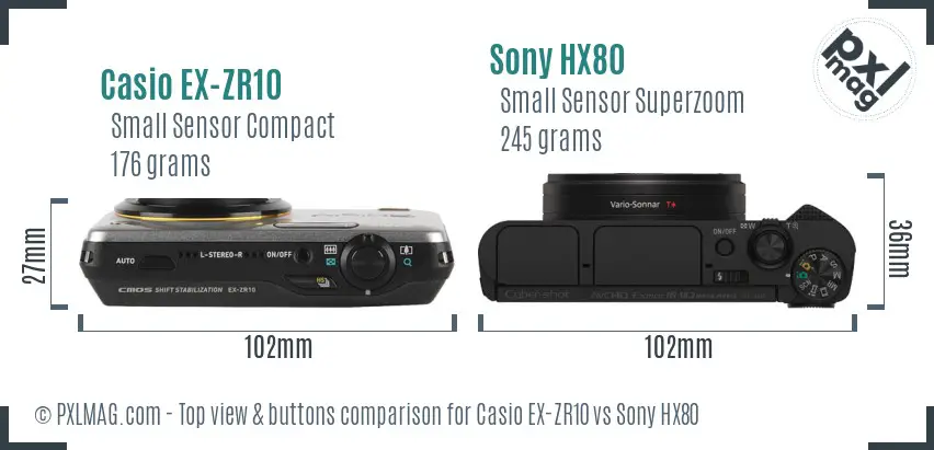 Casio EX-ZR10 vs Sony HX80 top view buttons comparison Casio EX-ZR10 vs Sony HX80 top view buttons comparison