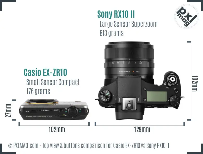 Casio EX-ZR10 vs Sony RX10 II top view buttons comparison Casio EX-ZR10 vs Sony RX10 II top view buttons comparison