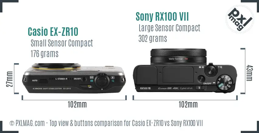 Casio EX-ZR10 vs Sony RX100 VII top view buttons comparison Casio EX-ZR10 vs Sony RX100 VII top view buttons comparison
